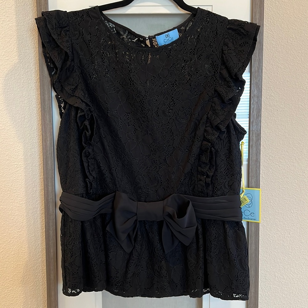 CeCe black lace bow front blouse